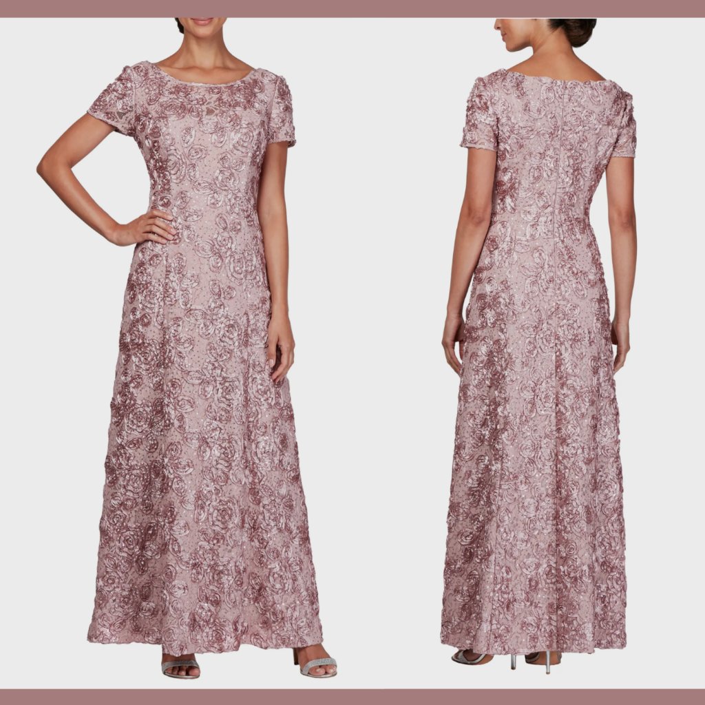 Nwt $269 Alex Evenings [ 6 ] Embellished Lace Rosette A-Line Gown In Rose